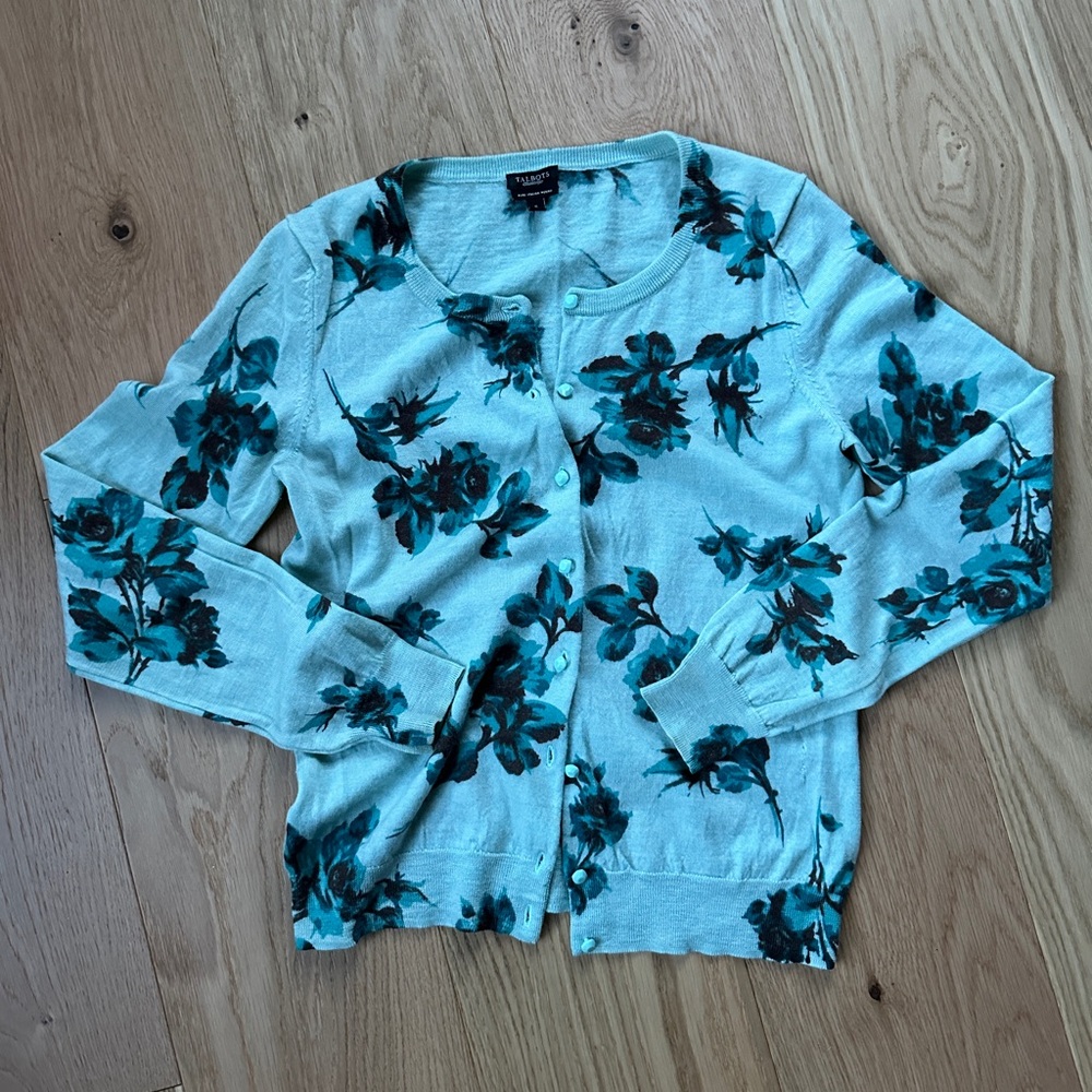 Talbots Italian Merino Floral Rose Cardigan Aqua/Teal Size Small